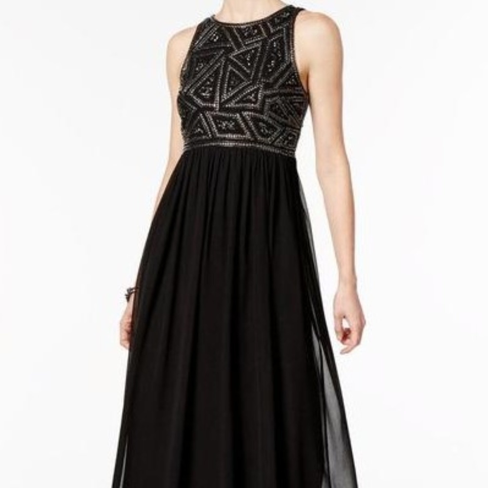 Adrianna Papell Black Beaded Geometric Bodice Maxi Dress